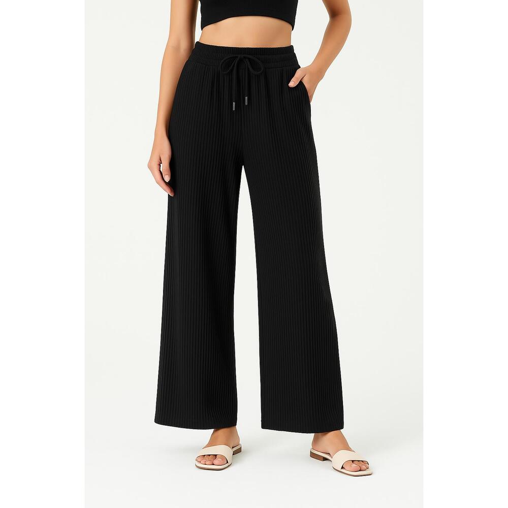 Coofandy Pants Womens Size XL Black Wideleg Ribbed Drawstring Waist Back Pockets - Picture 3 of 15